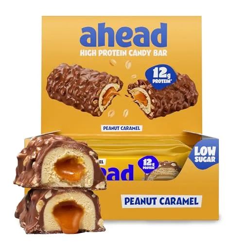 ahead Protein Riegel | Peanut Caramel | 14x 45g Extra softer Protein Riegel mit cremigem Kern | Low Carb Eiweißriegel ohne Zuckerzusatz & ohne Palmöl