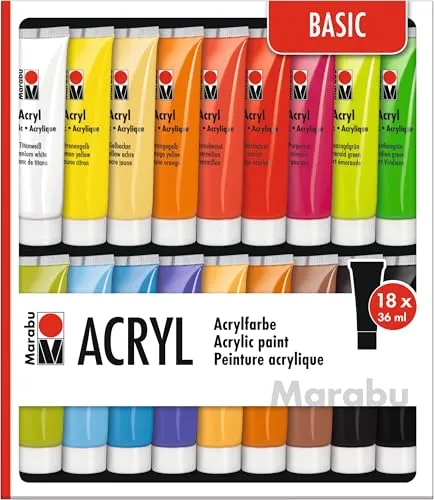 Marabu Acrylfarben Set Basic - 18 Farben à 36ml - Schreibutensilien: Hochwertige Acrylfarben in 18 verschiedenen Farben, schnell trocknend, wasserfest und ideal für vielfältige Untergründe wie Leinwand, Papier und Metall.