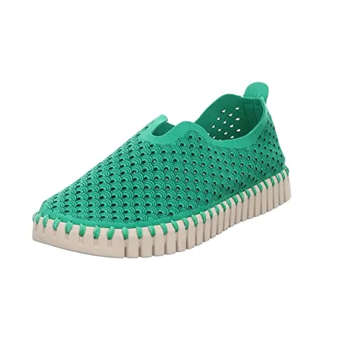 Ilse Jacobsen Damen Slipper Tulip - Elegante Slip-Ons in Fern Green - Modische Damen Slipper mit flexibler Plateausohle aus Naturkautschuk und atmungsaktiver Microfaser. Handgefertigt und kleberfrei, ideal für den täglichen Komfort.