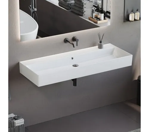 Aqua Bagno Waschtisch 120 cm - Modernes Wandmontage Waschbecken - Waschtische: Extra großes Keramik Waschbecken mit eleganter Ablagefläche, ideal für moderne Badezimmer.