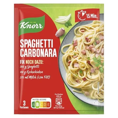 Knorr Fix Spaghetti alla Carbonara ohne Geschmacksverstärker - Praktisches Fix für 3 Portionen Spaghetti Carbonara – schnell zubereitet, ohne geschmacksverstärkende Zusatzstoffe und Farbstoffe. Ideal für genussvolle Momente mit Familie und Freunden!