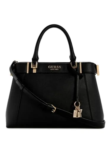 GUESS Anadela Satchel Bag Black - Damen-Henkeltaschen mit glänzenden goldfarbenen Beschlägen, bietet 1 Reißverschlusstasche und 2 Einschubfächer für optimale Organisation.