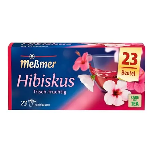Meßmer Hibiskus Früchtetee 23x2g Beutel – Fruchtiger Genuss - Fruchtig und erfrischend: Der Meßmer Hibiskus Früchtetee vereint 100 % Hibiskusblüten für einen klaren, roten Aufguss. Ideal für jeden Moment – ob heiß oder als Eistee. Koffeinfrei und natürlich lecker!