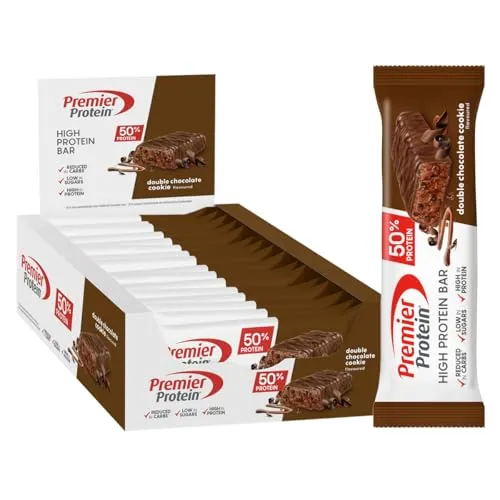 Premier Protein - High Protein Bar 50% - Double Chocolate Cookie - 16x40g - Proteinreicher Snack mit Double Chocolate Cookie Geschmack und knusprigen Crispies. Jeder Riegel bietet 20 g hochwertiges Protein und nur 0,7 g Zucker – ideal für Sport und Freizeit!