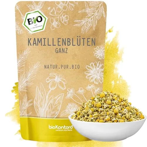 bioKontor – BIO Kamillenblüten 100g – ganze Kamillenblüten getrocknet ganz lose – deutsche Handabfüllung – Kamillentee lose bio – 100% naturrein – Kamillentee Blüten – kontrolliert biologischer Anbau