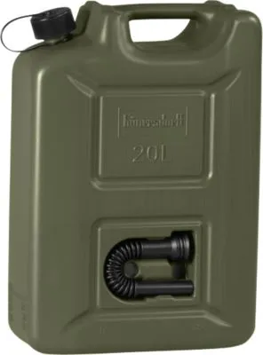 Hünersdorff 20l Kraftstoffkanister Profi olivgrün - Robuster 20 l Kraftstoffkanister aus HD-PE, ideal für den sicheren Transport von Flüssigkeiten. Mit UN-Zulassung und integriertem Auslaufrohr für eine einfache Handhabung.