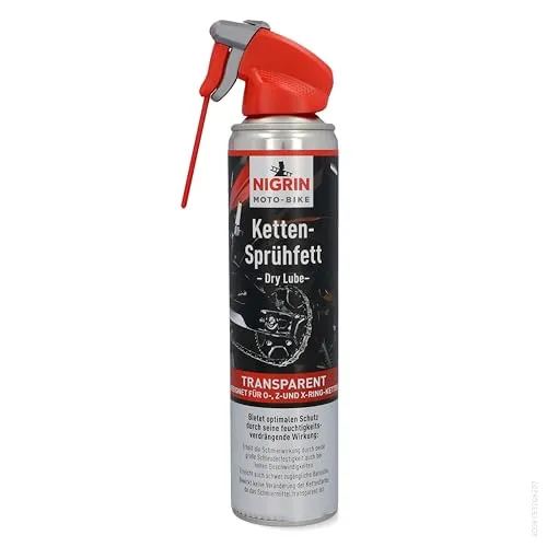 Nigrin Kettenspray Dry Lube für Motorrad und ATV, 400ml - Das Trockengleitmittel schützt Ketten optimal und reduziert Schmutzanhaftungen. Ideal für alle Kettenarten, sorgt für langanhaltende Schmierung und ist transparent, ohne die Kettenfarbe zu verändern.