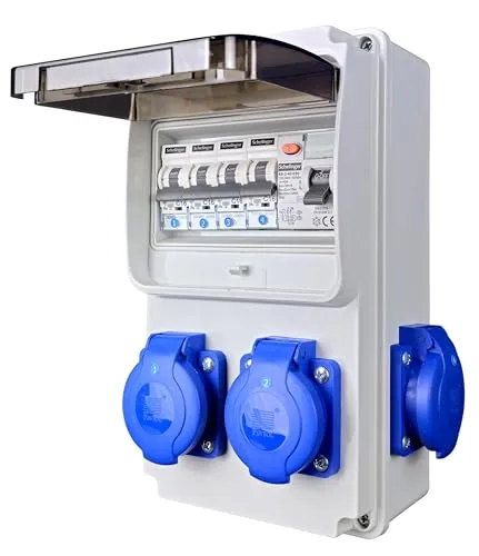 RoadEu Stromverteiler 230V - 4x Schuko mit FI-Schutzschalter - Verteilerkästen für Innen- und Außenbereich, IP44, mit robustem Gehäuse und integriertem FI-Schalter für höchste Sicherheit und Zuverlässigkeit.