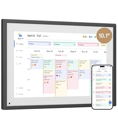 Dragon Touch 10,1'' Digitaler Kalender - Hausarbeitstabelle Interaktiver Touchscreen mit 32GB Speicher, Intelligenter Familienplaner Tischkalender für den Schreibtisch Nahtlose Terminplanung-Schwarz
