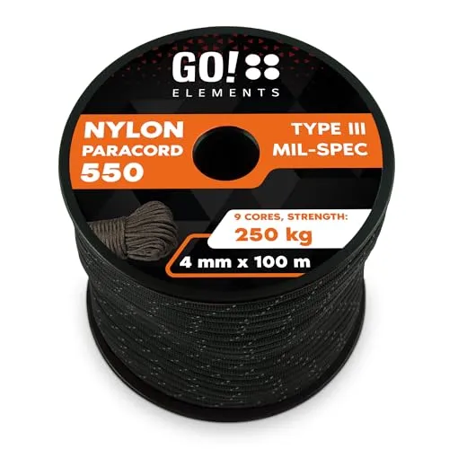 GO!elements 100m Paracord Seil - Reißfeste Nylonschnur für Outdoor & Handwerk - Abspannseile - Dieses 4mm Paracord 550 Typ III Seil hält bis zu 250kg, ist witterungsbeständig und ideal für vielseitige Anwendungen im Freien und bei Handwerksarbeiten.