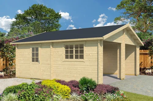 Lasita Garage Satteldach 44 mm Falkland ohne Tor 595x595 cm - Geräumige Blockbohlen-Garage mit abschließbarem Doppelfenster, ideal für die sichere Unterbringung Ihrer Fahrzeuge und Geräte.