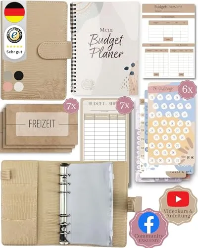 BeginnerBudget® Budget Planner Deutsch - Starterset mit Sparchallenge Budgetplaner deutsch - Sparen mit Umschlagmethode + Anleitung - Ringbuch A6 - Binder A6 Gecko-Style (Beige (mit Budgetplaner)
