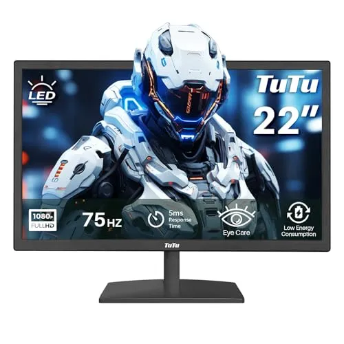 TuTu 21,5 Zoll Full HD Monitor mit Eye Care - Full HD Monitor mit 21,5 Zoll, 75Hz, 5ms Reaktionszeit und Blaulichtfilter für augenschonendes Arbeiten. Ideal für Home Office und Gaming mit vielseitiger Anschlussmöglichkeit.