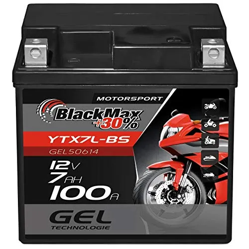 BlackMax YTX7L-BS Motorradbatterie - GEL 12V 7Ah, hohe Kapazität und kraftvolle Startleistung, wartungsfrei und langlebig