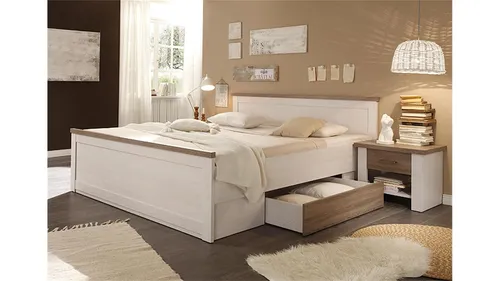 Luca Bettanlage Doppelbett Schlafzimmerset - Stilvolle Landhaus-Bettanlage mit 2 Nachtkommoden, ideal für gemütliche Schlafzimmer, Liegefläche 180 x 200 cm, in elegantem Weiß aus MDF/Spanplatte.