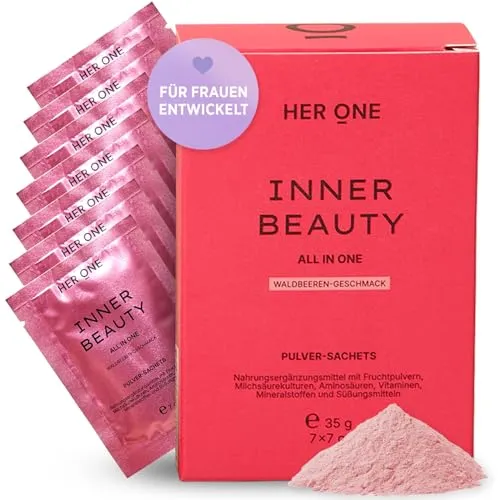 HER ONE INNER BEAUTY All in One MINIS 7x7g Sachets - Praktische Sachets für einen fruchtigen Genuss und eine einfache Zubereitung. Die hochwertige Mischung unterstützt deine Vitalstoffaufnahme und ist ideal für den täglichen Start in den Tag.