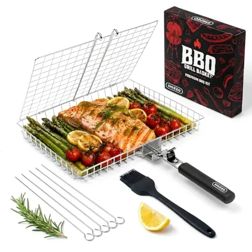 SHIZZO Grillkorb, Barbecue-Bbq-Grillkorb, Große Faltbare Grillkörbe Aus Edelstahl Mit Griff, Tragbarer Outdoor-Camping-Grillrost Für Fisch, Garnelen, Gemüse