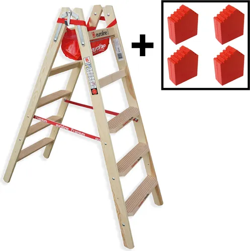 Euroline Holz Stufenstehleiter mit Comfort-Stufen und Werkzeugablage - Leitern mit 80 mm Comfort-Stufen für bequemen Stand und Sicherheit. Ideal für längere Einsätze und als Arbeitsplatz nutzbar. Inklusive 4x Leiterfüße für empfindliche Böden.