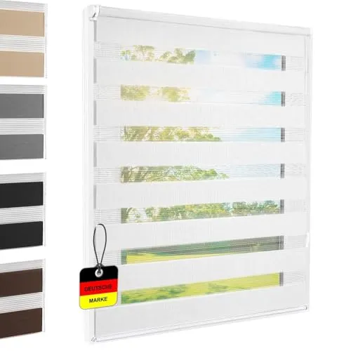 Doppelrollo Klemmfix ohne Bohren Weiß 60x140 cm [Stoffbreite 56cm] Duo Rollo Fensterrollo für Fenster/Türen Gardine Klemmrollo Seitenzugrollo Sichtschutz Sonnenschutzrollo Zebrarollo