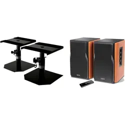 Edifier R1380T Lautsprechersystem mit Holz-Optik und Stativ Set - Vielseitiges Lautsprechersystem mit 42 W RMS-Leistung, ideal für jeden Raum. Inklusive Pronomic SLS-15 Tischstative für optimale Platzierung und Klanggenuss.