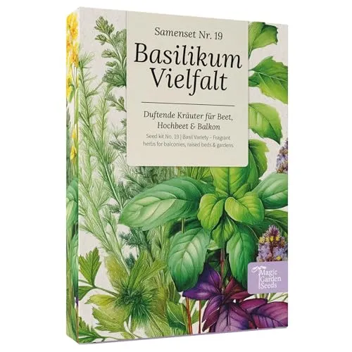 Magic Garden Seeds - Basilikum Vielfalt - 6 aromatische Sorten für Garten, Hochbeet & Balkon - Basilikumsamen für Salat, Pesto, Tee & mehr - Saatgut-Set