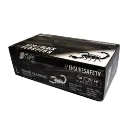 MCD Medical Care Dental GmbH NITRAS BLACK SCORPION Latex Einmalhandschuhe, schwarz, Unsteril, Rollrand, puderfrei, beidseitig tragbar, extra griffig, 1 Packung = 100 Stück, Größe L 8220-L