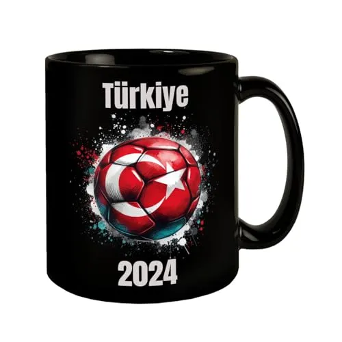 Fußball Türkei Flagge Tasse in Schwarz EM 2024 Fanartikel Sportbegeisterte Rot-Weißer Stern-Ball Fußballbecher in Schwarz