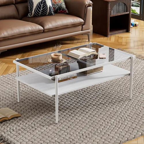 MODFU Rechteckiger Kaffeetisch mit Glasplatte und Stauraum in Grau und Weiß - Moderner Couchtisch mit stabiler MDF-Basis und eleganter Glasplatte. Bietet praktischen Stauraum für Alltagsgegenstände und passt sich vielseitig in verschiedene Wohnstile ein.