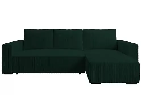storez24 Ecksofa Letto, Eckcouch in L-Form mit Schlaffunktion und Bettkasten, Farbe: Grün, Cordstoff, Ottomane Rechts