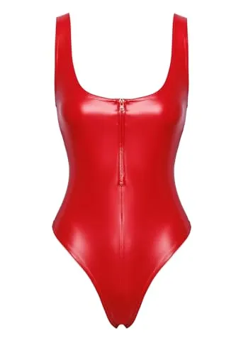 Noir Handmade F352 Wetlook Body mit Frontreißverschluss - Erotische Bodys, figurbetonender Wetlook-Body mit rotem Reißverschluss für variable Öffnung und verführerischen Stil.