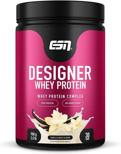 ESN Designer Whey Vanilla Milk - 908g Dose - Sportnahrung mit Whey Isolat und Konzentrat, bietet ein vollständiges Aminosäurenprofil und ist ideal für Muskelaufbau, Made in Germany.