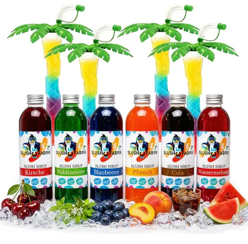 Sirup Partyset AZO-FREI 6x250ml für Slush mit 4 Palmen Grün - Sirups für Slush, 6 fruchtige Geschmacksrichtungen, komplett AZO-FREI und ideal für Sommerpartys. Erfrischend und bunt – der perfekte Genuss für Groß und Klein!