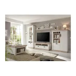 Wohnwand Roble in Weiß – Romantischer Landhausstil - Wohnwände in romantischem Landhausstil, Maße: B: 330 cm, H: 201 cm, mit verschiedenen Stauraumelementen für ein stilvolles Wohnzimmer. Hochwertige Materialien und 10€ Willkommens-Gutschein bei Newsletter-Anmeldung!