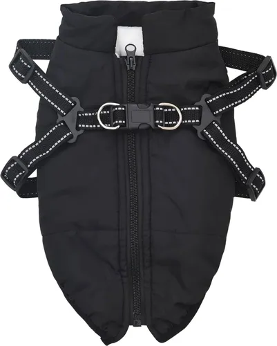 vidaXL Hundemantel mit Geschirr Schwarz S - Der verstellbare Hundemantel aus Fleece und Polyester schützt deinen Hund bei Winterabenteuern. Mit integriertem Geschirr und reflektierenden Streifen für Sicherheit und Komfort.