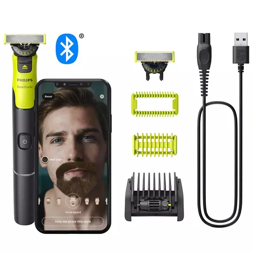 Philips OneBlade 360 Face Body mit App-Anbindung - Elektrischer Bartschneider und Rasierer, 5-in-1-Trimmaufsatz für präzises Trimmen und Rasieren, USB-aufladbar und mit persönlicher Pflege-App
