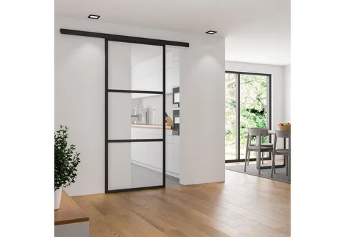 inova wohnen Glasschiebetür Klarglas mit schwarzem Rahmen - Schiebetüren für den Innenbereich, inklusive Softclose-Funktion wählbar und komplett mit Schienensystem. Elegantes Design aus 6 mm Sicherheitsglas, ideal für moderne Wohnräume.