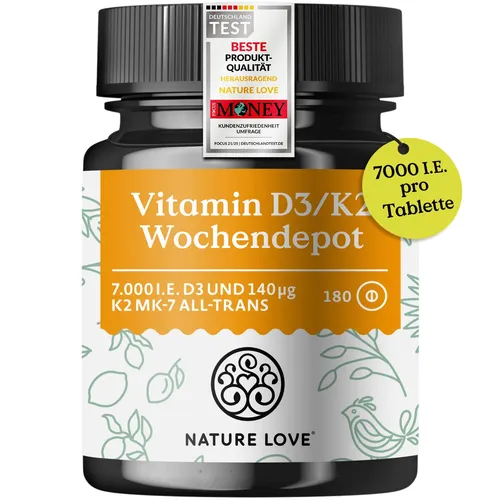 Vitamin D3/K2 Wochendepot 180 Tabletten - Nahrungsergänzungsmittel für starke Knochen und Immunsystem, rezeptfrei und ideal für die tägliche Vitaminversorgung mit 180 Tabletten.