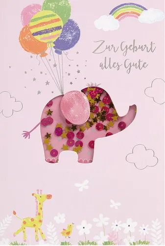 bsb Karte zur Geburt - Geburtskarte für Mädchen und Jungen, kunstvoll gestaltet mit Elefant-Motiv und viel Platz für persönliche Nachrichten