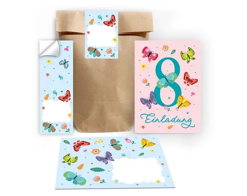 JUNAPACK Einladungskarten Schmetterling zum 8. Geburtstag Einladungen mit Umschlägen Mitgebsel, Mitbringsel Set Schmetterlinge zum achten Geburtstag Gastgeschenke
