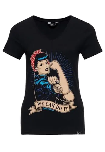 QUEEN KEROSIN Damen Kurzarm T-Shirt We Can Do It - Stylisches Rockabilly T-Shirt mit V-Ausschnitt. Ideal für Casual Wear, aus hochwertiger Baumwolle. Schmeichelhafte Passform für jeden Anlass. Entdecke weitere lässige Styles deiner Lieblingsmarken!