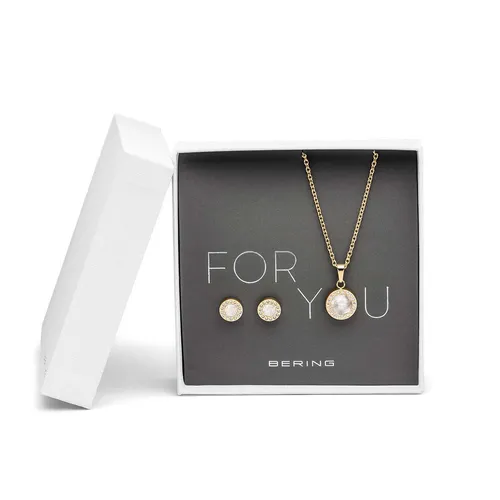 Bering Damen Schmuckset ForYou 427-707-Gold - Elegantes Schmuckset aus glänzendem Edelstahl mit IP-Beschichtung in Gelbgold, verziert mit funkelnden Kristallsteinchen und einem stilvollen Perlmutt-Link. Ideal für besondere Anlässe oder als Geschenk.