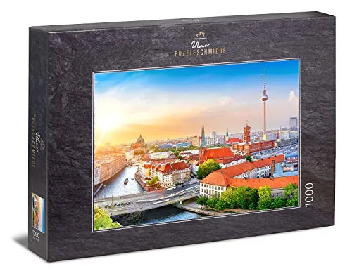 Ulmer Puzzleschmiede - Puzzle „Berlin City“ - Klassisches 1000 Teile Städte-Puzzle, Made in Germany – Puzzlemotiv Berliner Stadt-Zentrum mit Spree, Fernsehturm und Alexanderplatz