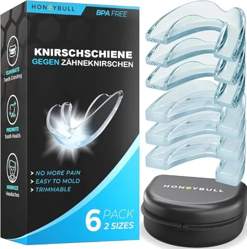 HONEYBULL Knirscherschiene für Nacht [6er-Pack] – Individueller Mundschutz gegen Zähneknirschen - Effektiver Mundschutz gegen Zähneknirschen für Erwachsene. Leicht formbar und zuschneidbar für optimalen Komfort. BPA-frei, mit praktischem Etui für unterwegs. Ideal für ruhige Nächte.