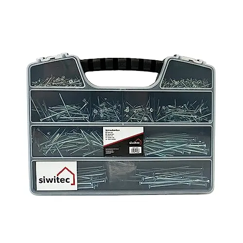 siwitec Schraubenbox 600-teilig | 9 verschiedene blau verzinkte Spanplattenschrauben mit Senkkopf und 3 Torx Bits | Schrauben Set | Schrauben in Sortimentsbox