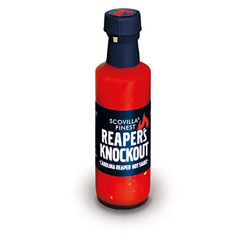 Scovillas Finest REAPERS KNOCKOUT, 100ml - Sportnahrung mit der schärfsten Hot Sauce der Welt, hergestellt aus der Carolina Reaper. 100% vegan, ohne Zusatzstoffe und perfekt für Fleischgerichte.