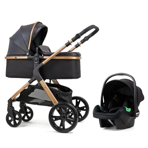 Pixini Kombi-Kinderwagen Arizona 3in1 Set, gold - Kombikinderwagen mit feststellbarer Bremse und großem Sonnenverdeck, ideal ab Geburt für sicheren und komfortablen Transport Ihres Kindes.
