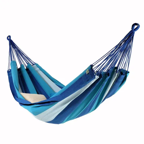 Doppel Hängematte Imbuia blau aus 100% Baumwolle von Denana - Erwachsene, 1-2 Personen, 160 cm breit, bequem und stabil mit 160 kg Tragkraft, ideal für entspannte Momente im Freien.