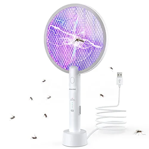 PALONE Elektrische Fliegenklatsche Insektenvernichter, 4000V Elektro Mückenklatsche UV Mückenlampe Mücken, 2 in 1 USB Elektrischer Fliegenfänger Insektenfalle mit Ladebasis