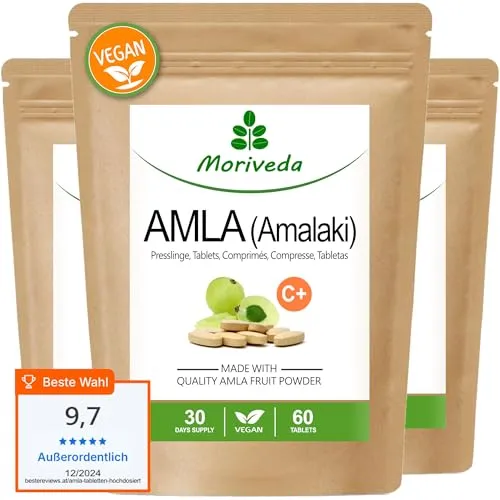 Amla Presslinge 1000mg - 180 Tabs entspricht 360 Kapseln - Immunsystem Knochen Knorpel Zähne - natürliches Vitamin-C, Chrom - 3 Monate Vorrat - Vegan - von MoriVeda