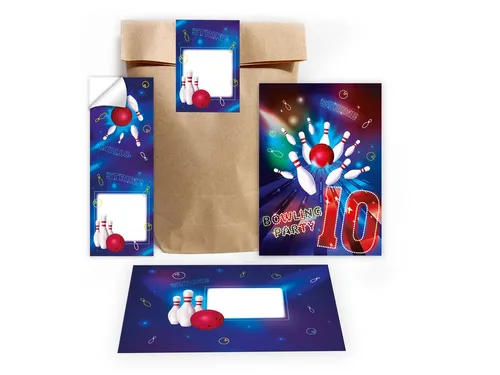 LIMONIA Einladungskarten Bowling zum 10. Geburtstag Einladungen Karten mit Umschlägen Mitgebsel, Mitbringsel Set Kegeln für Kinder zum zehnten Geburtstag Gastgeschenke